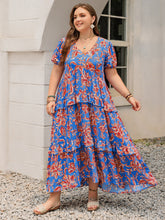 Plus Size Ruffled Printed V-Neck Short Sleeve Maxi Dress OutfitFlow
